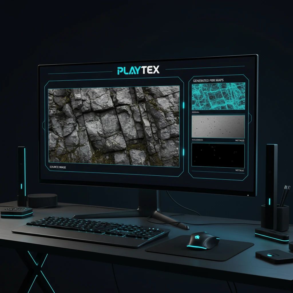 A split view within PLAYTEX, showing the original input image on one side and the generated PBR maps (normal, roughness, metallic) displayed on the other.