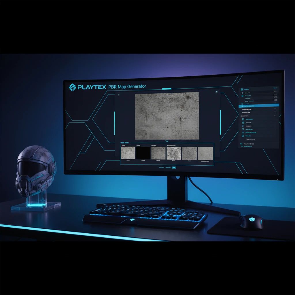 A game developer's desk with a monitor displaying the PLAYTEX PBR Map Generator, illustrating the process of creating PBR maps from an image.
