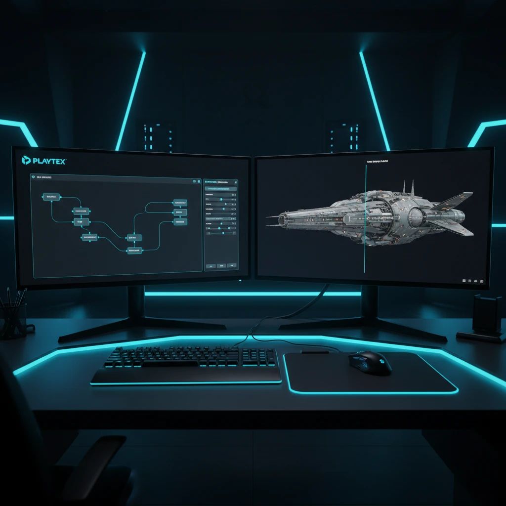 A 3D artist using PLAYTEX to generate PBR maps for a game asset, with a focus on a clean, efficient UI and real-time preview of a textured 3D model.