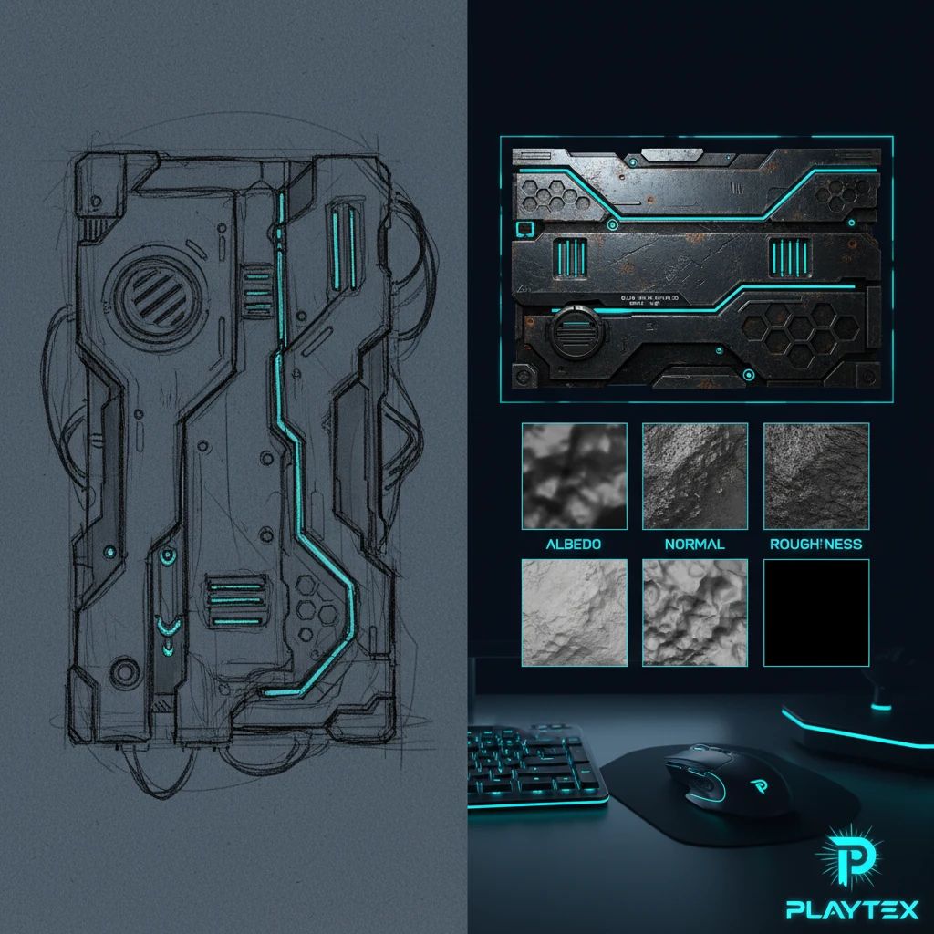 A split view showing a rough concept sketch on one side and a fully realized PBR material generated by PLAYTEX on the other, demonstrating the transformation from idea to engine-ready asset.