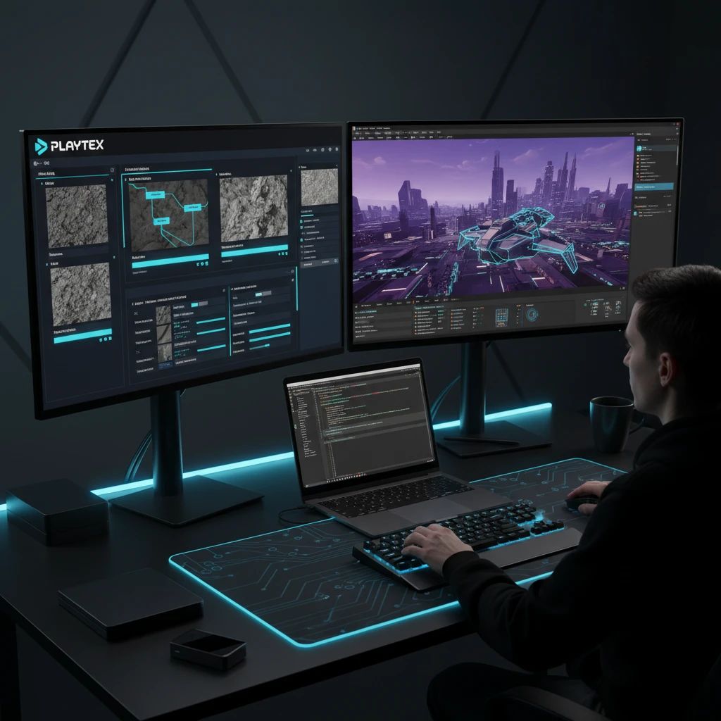 A game developer working on a laptop, with a PLAYTEX interface open, showing PBR maps being generated and a 3D model previewed in a game engine, illustrating seamless integration.