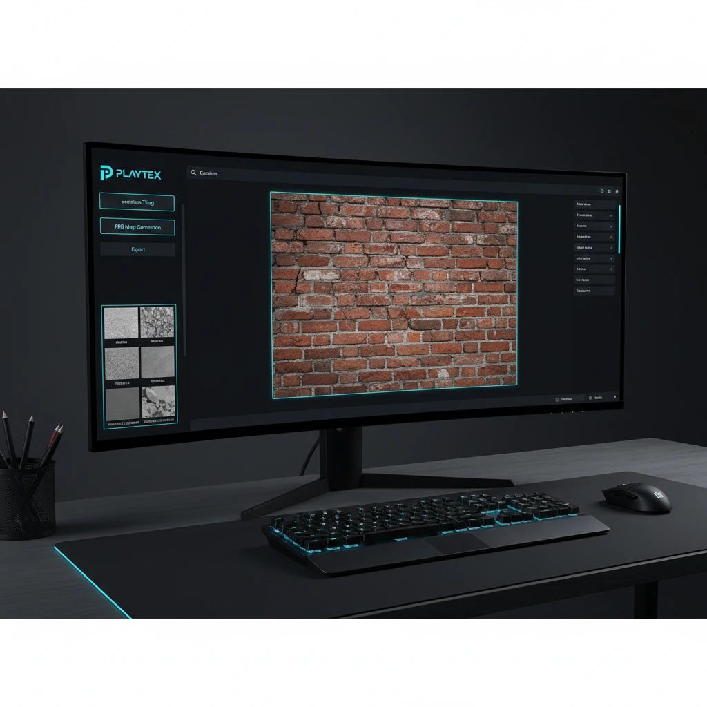 Screenshot of PLAYTEX AI Image to Texture Generator interface with an uploaded photo of a brick wall, showing options for tiling and PBR map generation.