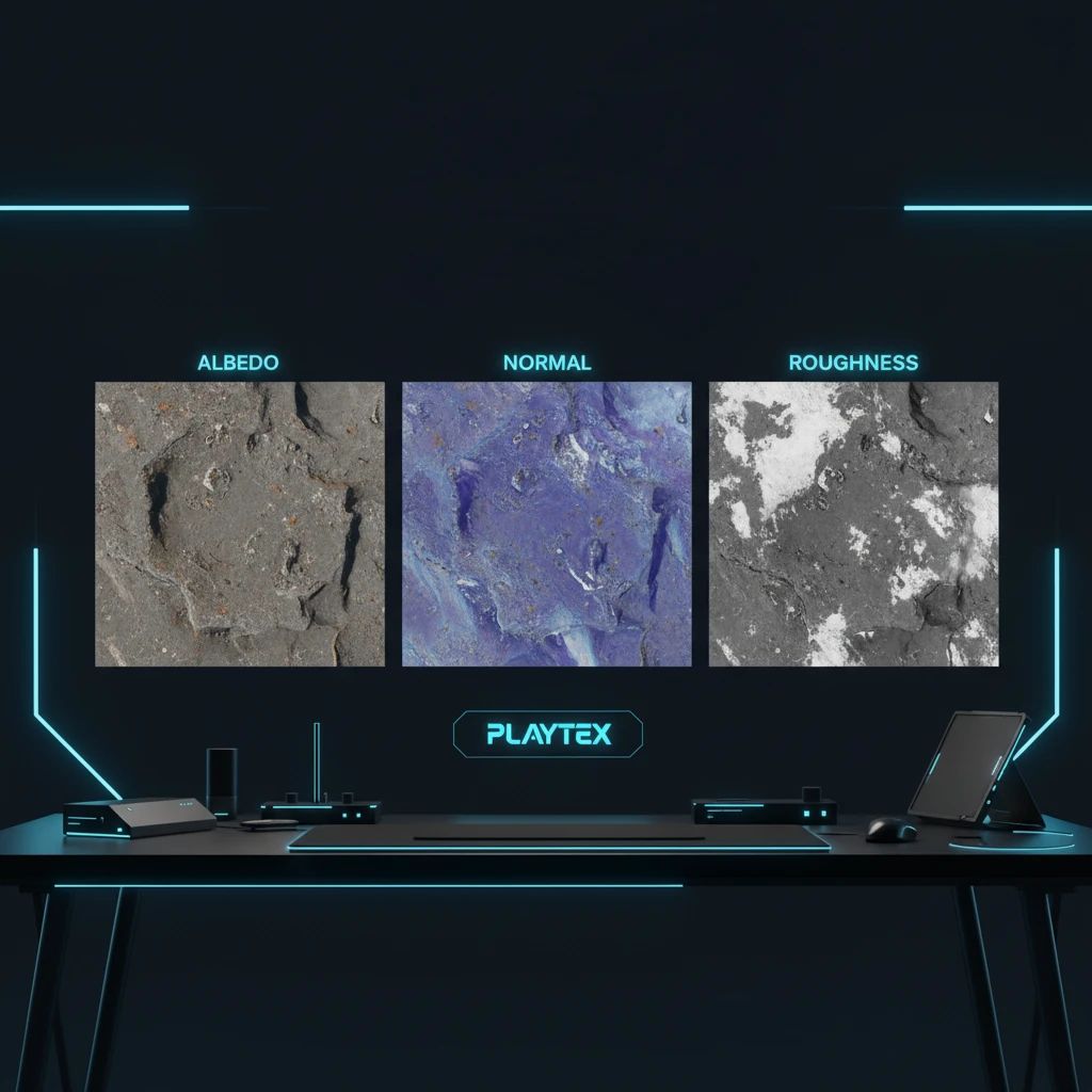 Generated PBR maps (Albedo, Normal, Roughness) displayed side-by-side for a seamless stone texture, illustrating the comprehensive output from PLAYTEX AI.