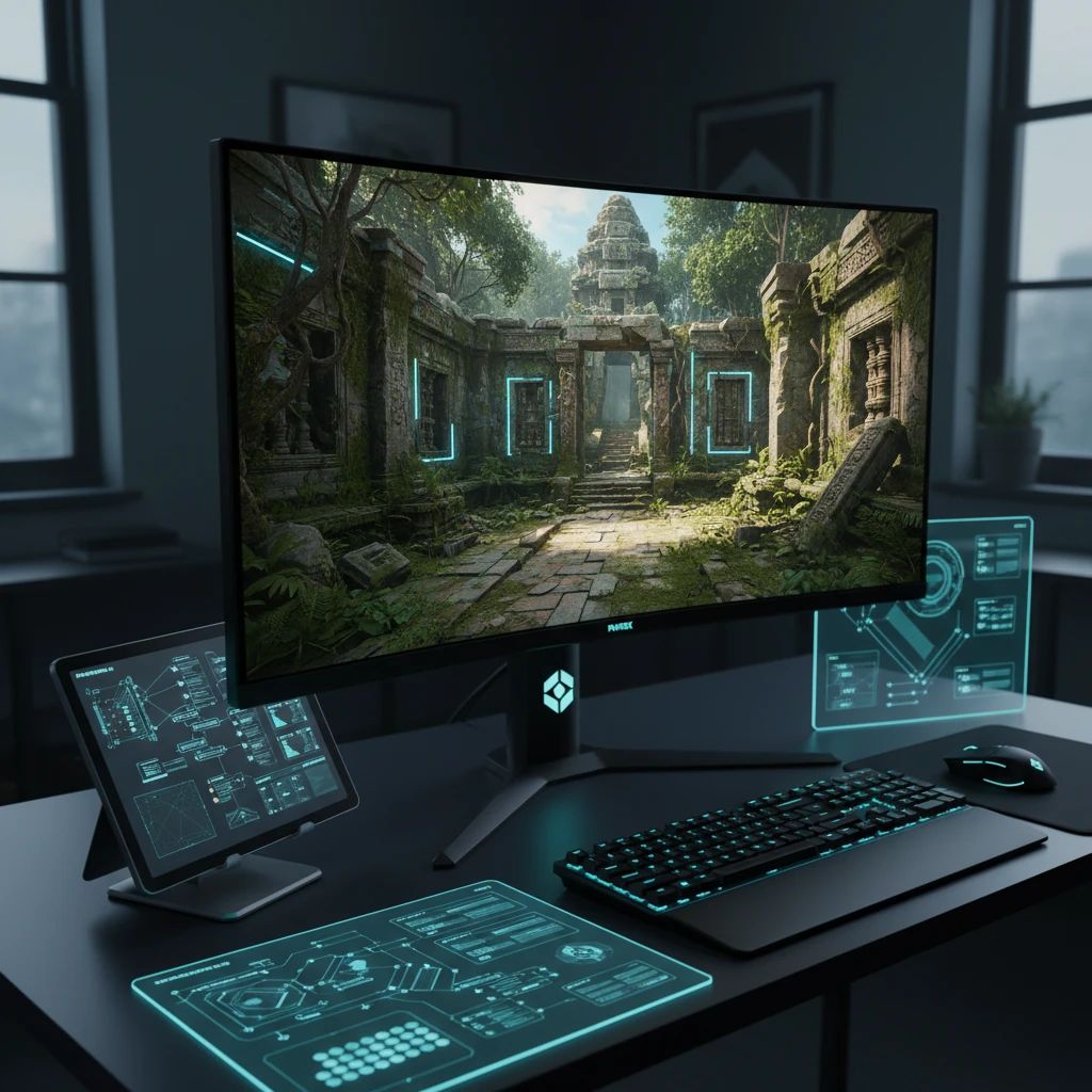 A 3D scene in a game engine showcasing a highly detailed environment built with seamless PBR textures generated by PLAYTEX AI, demonstrating realism and efficiency.