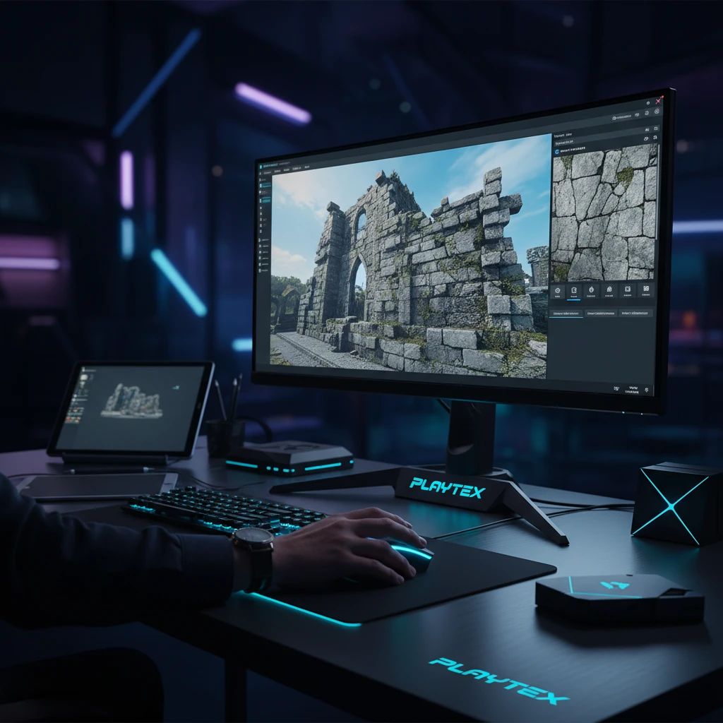 Game developer working on a 3D environment with seamless textures on a glowing monitor.
