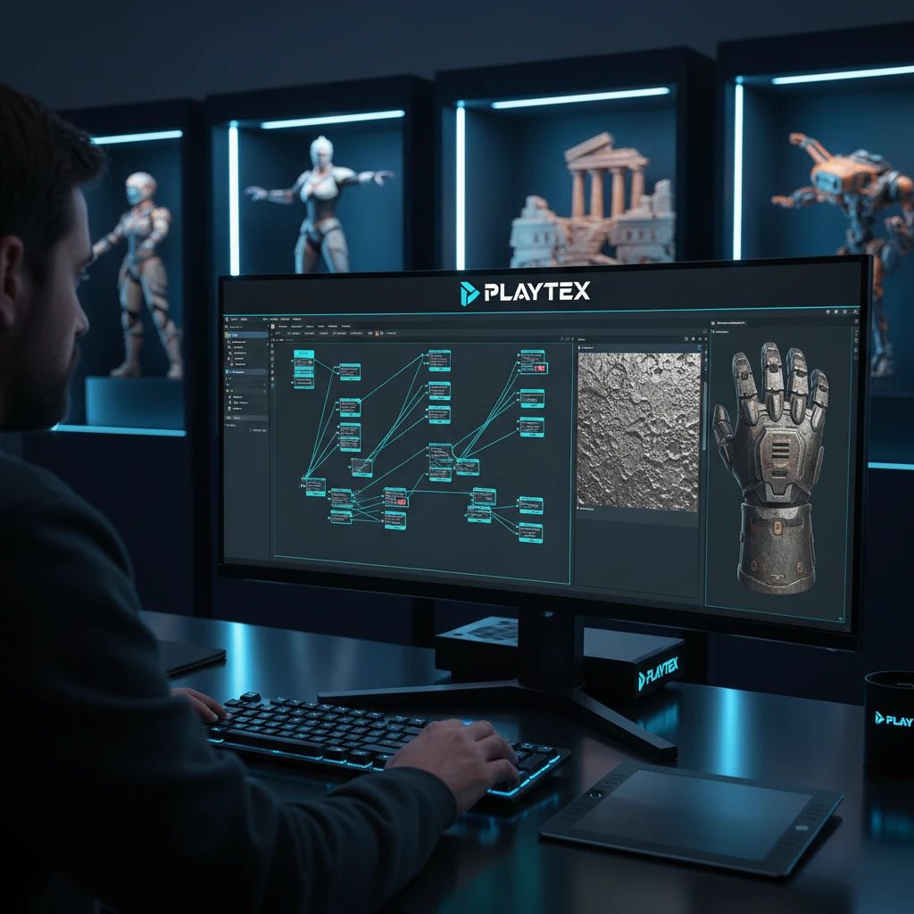 A game developer creating high-quality PBR textures on a screen, with game assets in the background.