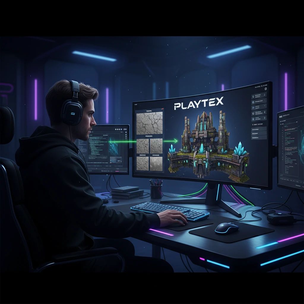 Game artist using PLAYTEX to generate PBR texture maps from a source image on a digital workstation, showcasing a streamlined workflow.