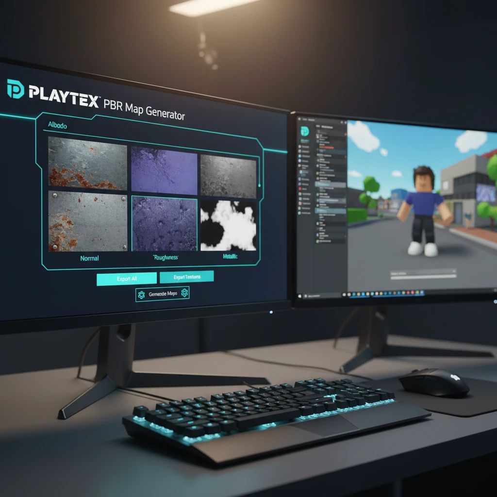 PLAYTEX UI showing PBR map generation with Roblox Studio in the background