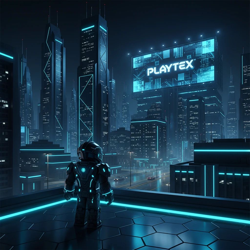 Roblox character in a glowing futuristic city, demonstrating advanced emissive PBR textures.