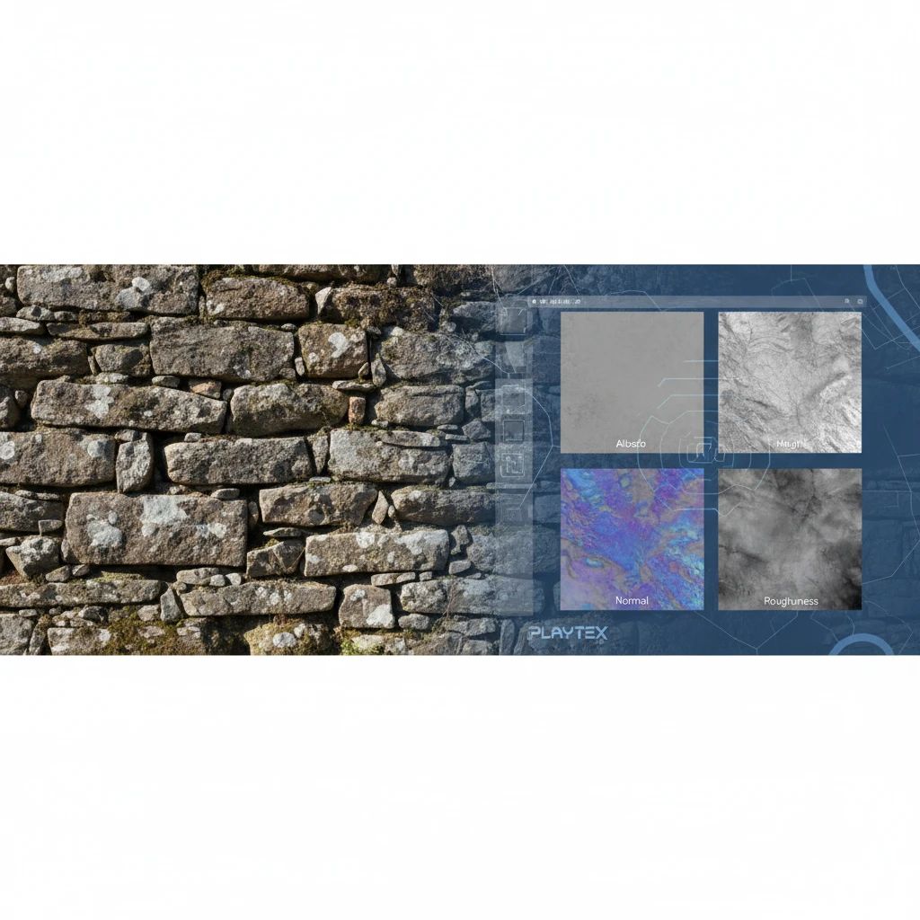 A visual representation of PLAYTEX's image-to-texture process, showing a source photo transforming into PBR maps.