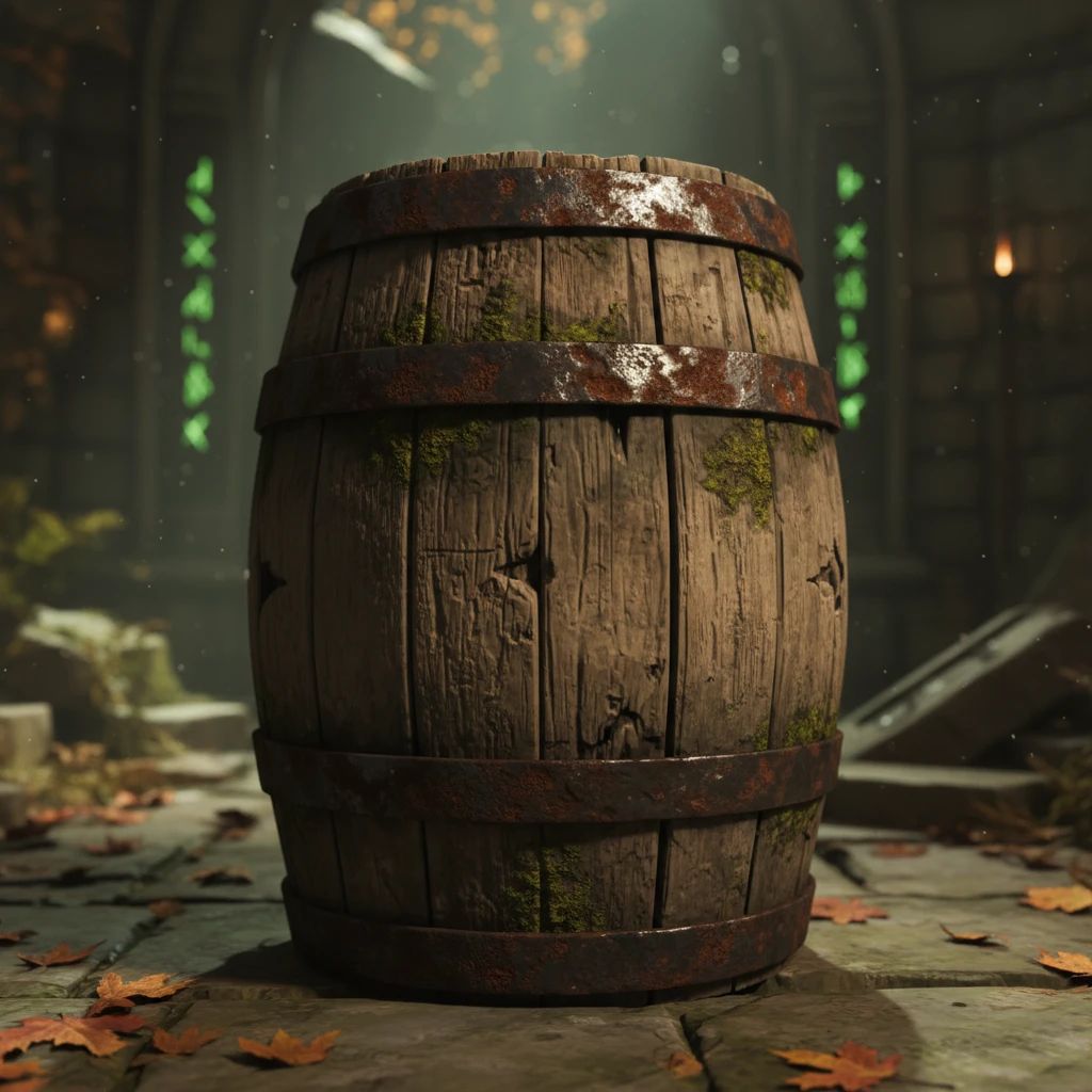 A detailed 3D game asset, like a weathered barrel, showcasing realistic PBR textures generated using image-to-texture technology.