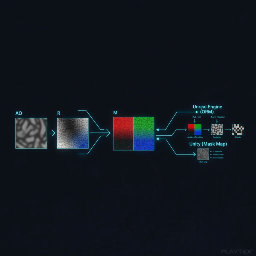 Diagram illustrating different texture packing conventions (ORM, Mask Map) for PBR materials across game engines.