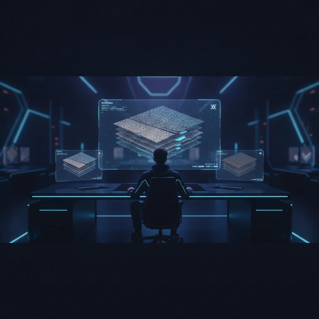 A 3D artist comparing the rendering of a PBR material across multiple game engines on holographic displays, illustrating the challenge of consistency.