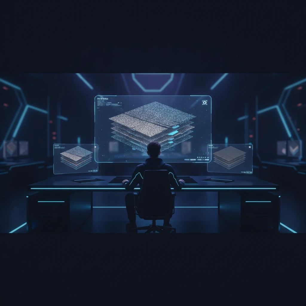 A 3D artist comparing the rendering of a PBR material across multiple game engines on holographic displays, illustrating the challenge of consistency.