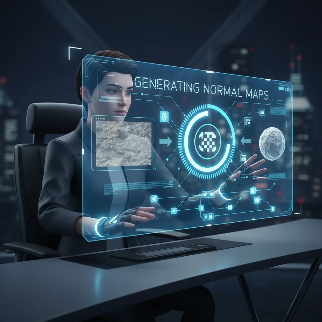 A stylized 3D render showing a game developer using a futuristic interface to quickly generate normal maps from a base texture, with a progress bar and nodes representing an accelerated workflow.