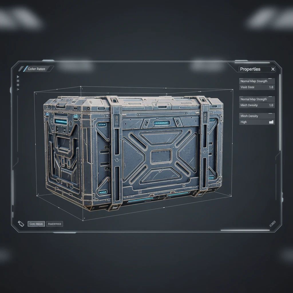 A detailed 3D render of a game asset (e.g., a sci-fi crate or a character arm) showcasing a perfectly baked normal map, with subtle lighting highlighting the intricate surface details. The asset is displayed within a clean, modern UI of a game engine or 3D software.