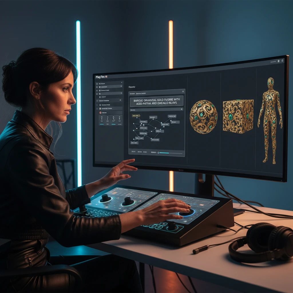 A digital artist using PlayTex AI's interface to generate complex PBR textures from a simple text prompt, with a 3D model displaying the generated material in real-time.