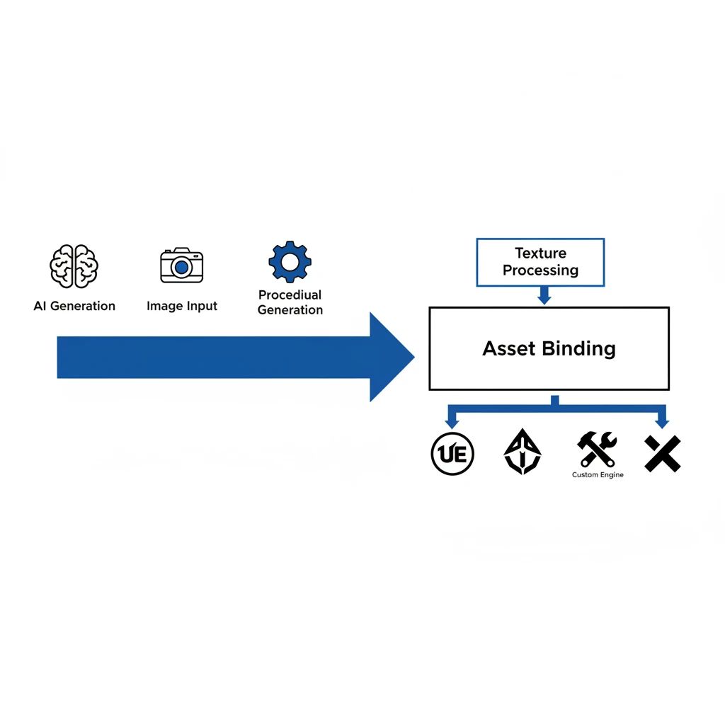 A schematic diagram illustrating the PlayTex AI workflow, showing texture generation, asset binding, and direct export to various game engines like Unreal Engine and Unity.