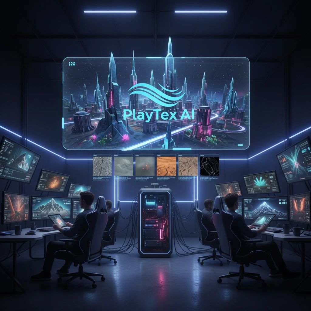 A futuristic game development studio showcasing PlayTex AI's holographic interface generating high-fidelity PBR materials for a detailed 3D game environment.
