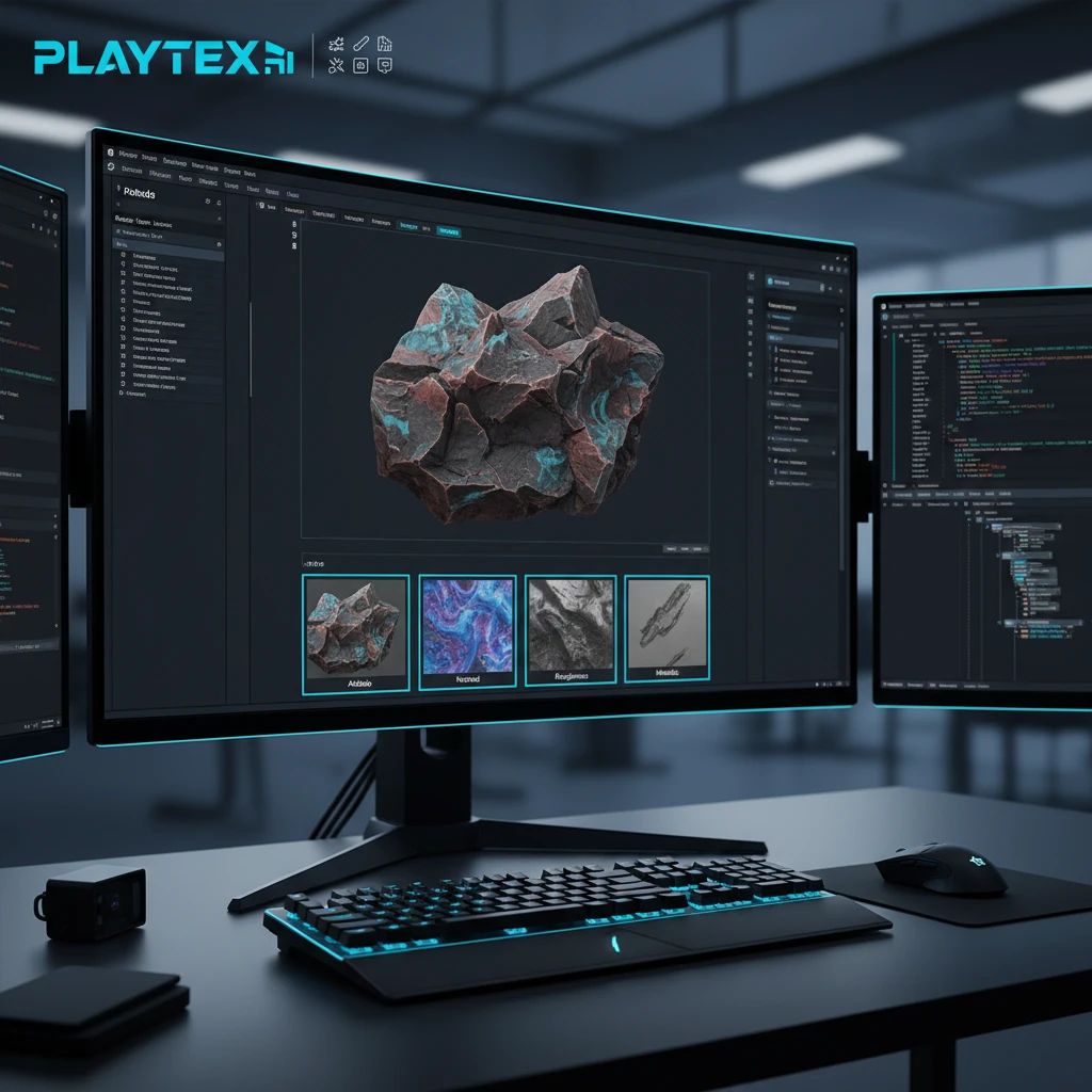 A 3D model of a stylized rock textured with PlayTex AI, showcasing detailed PBR maps in a game engine environment.