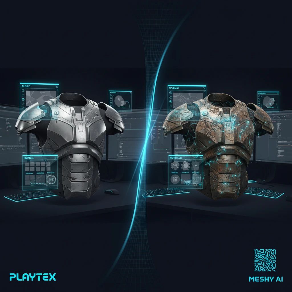 A side-by-side comparison of two textured 3D models, one showing precise, calibrated PBR maps from PlayTex AI, and the other a more varied, generative texture from Meshy AI.