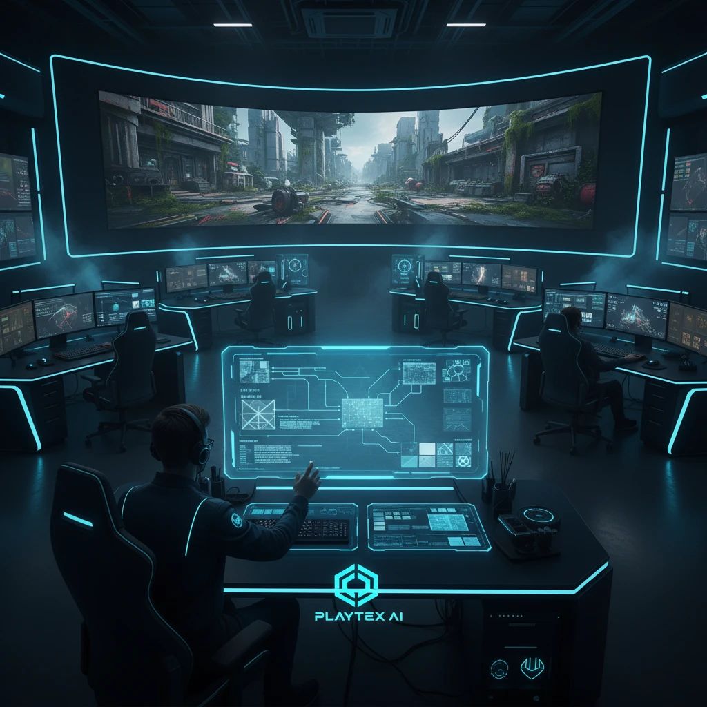 A futuristic game development studio with a large screen displaying a highly detailed 3D game environment, showcasing advanced PBR textures generated by AI.