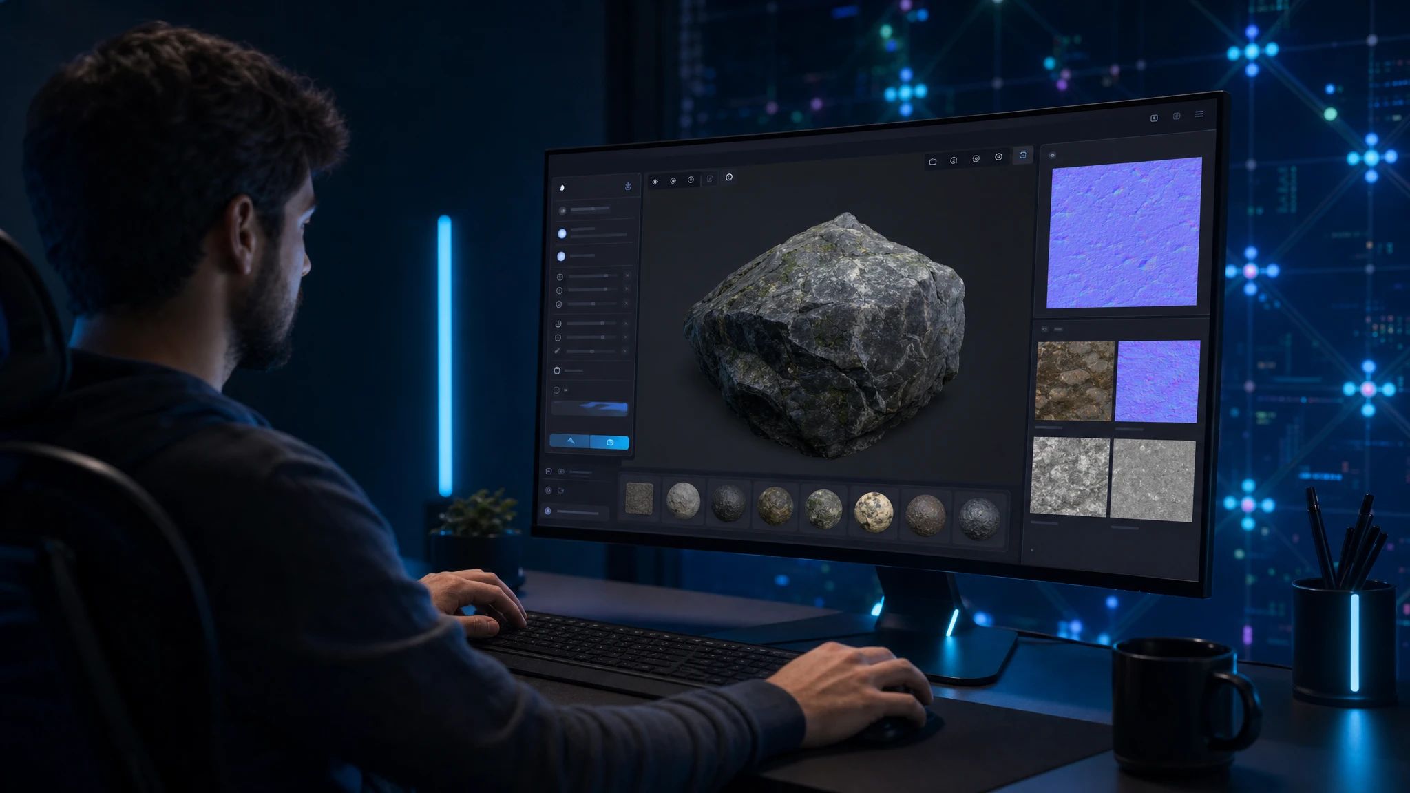 An artist using PLAYTEX AI to generate PBR textures from a text prompt, with a 3D model updating in real-time.
