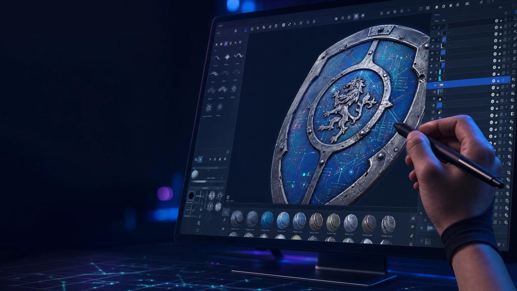 A close-up view of a 3D model in Substance Painter, showing detailed brush strokes and layered smart materials.