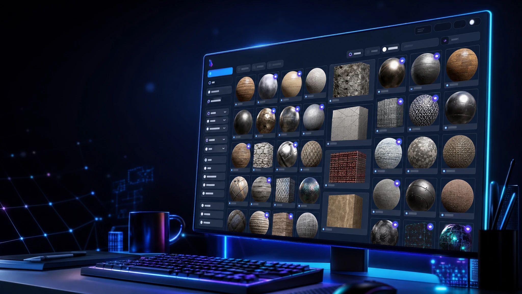A screenshot of the PLAYTEX AI community texture library interface, showing various seamless PBR materials.