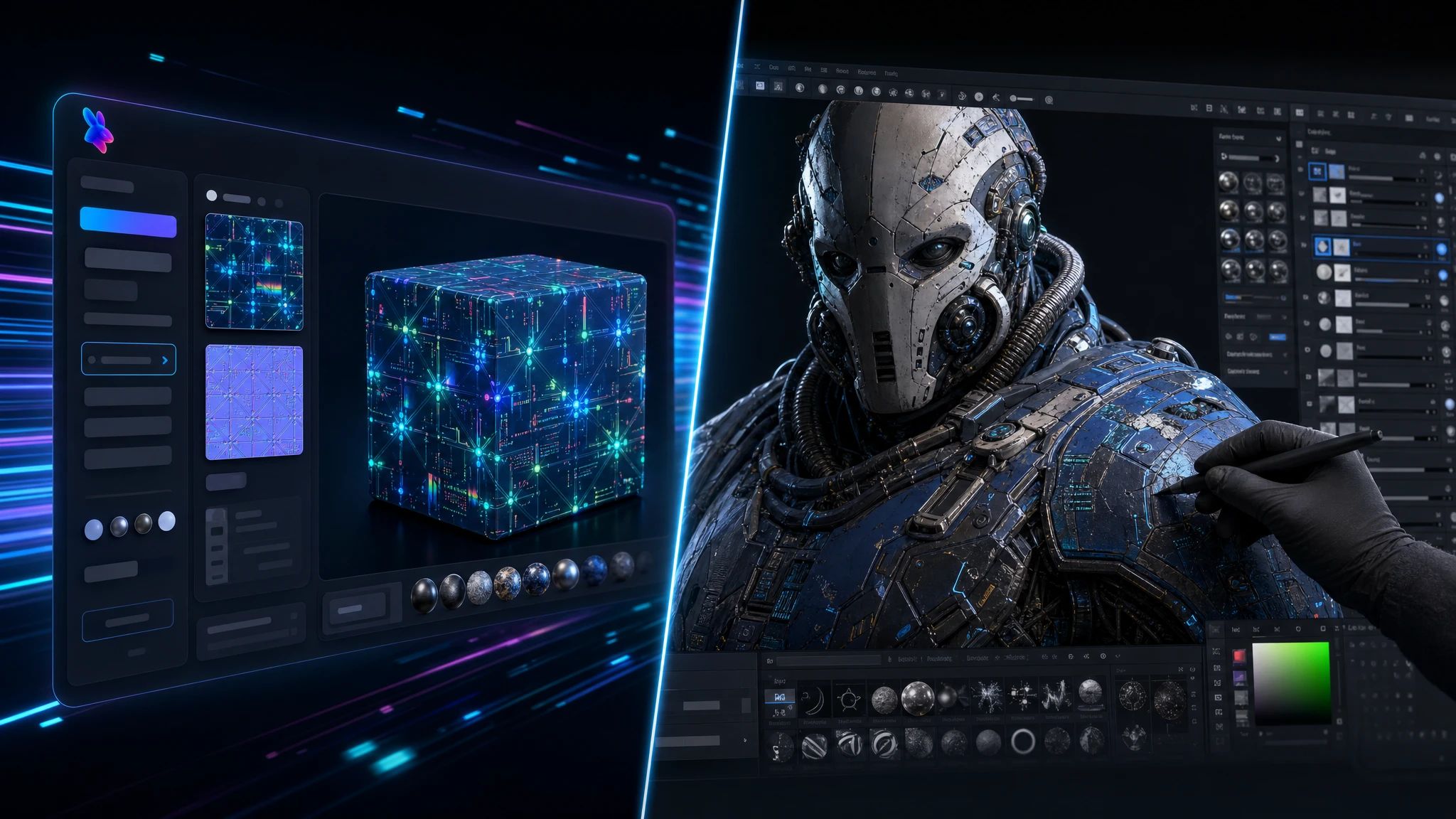 A visual comparison of PLAYTEX AI's fast, AI-driven texture generation workflow versus Substance Painter's detailed, manual painting process.