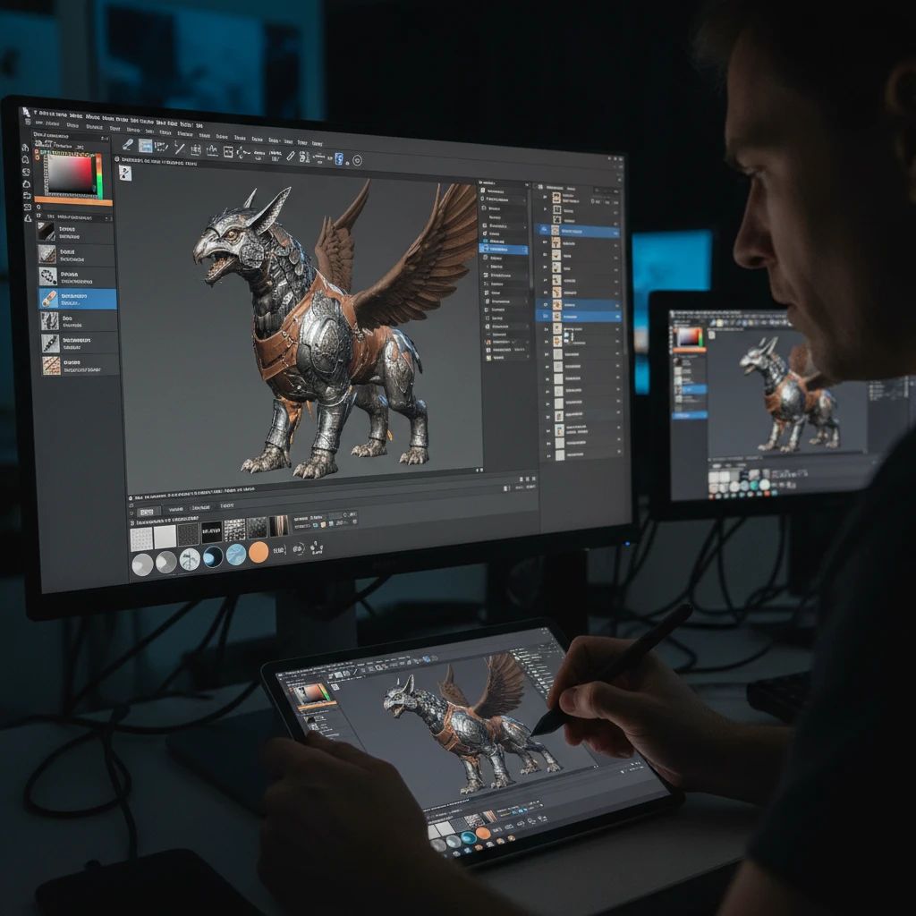 Artist working on a 3D model in Substance Painter, showcasing its interface and real-time PBR material application.