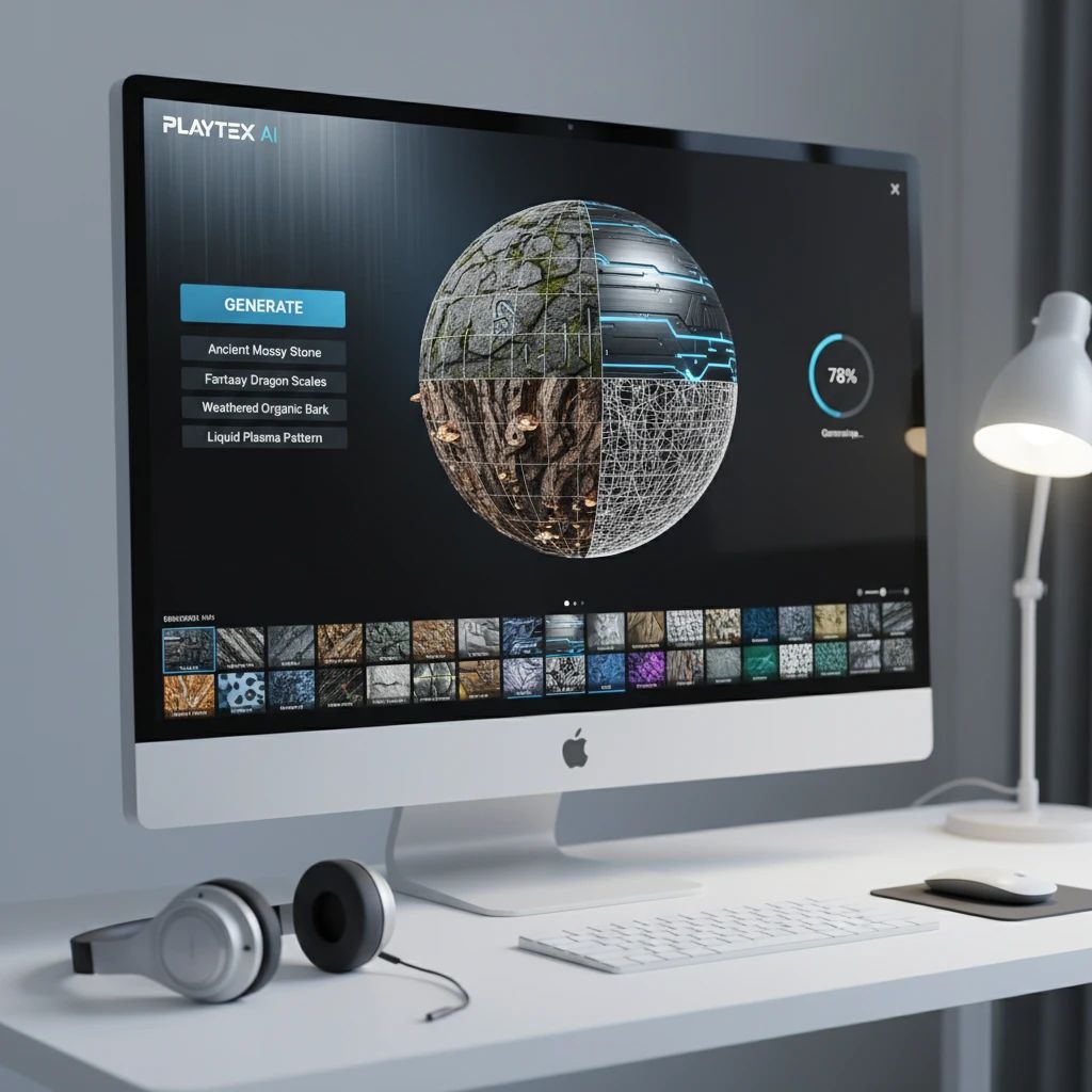 A user interface showing AI-generated seamless textures being applied to a 3D sphere, demonstrating quick iteration.
