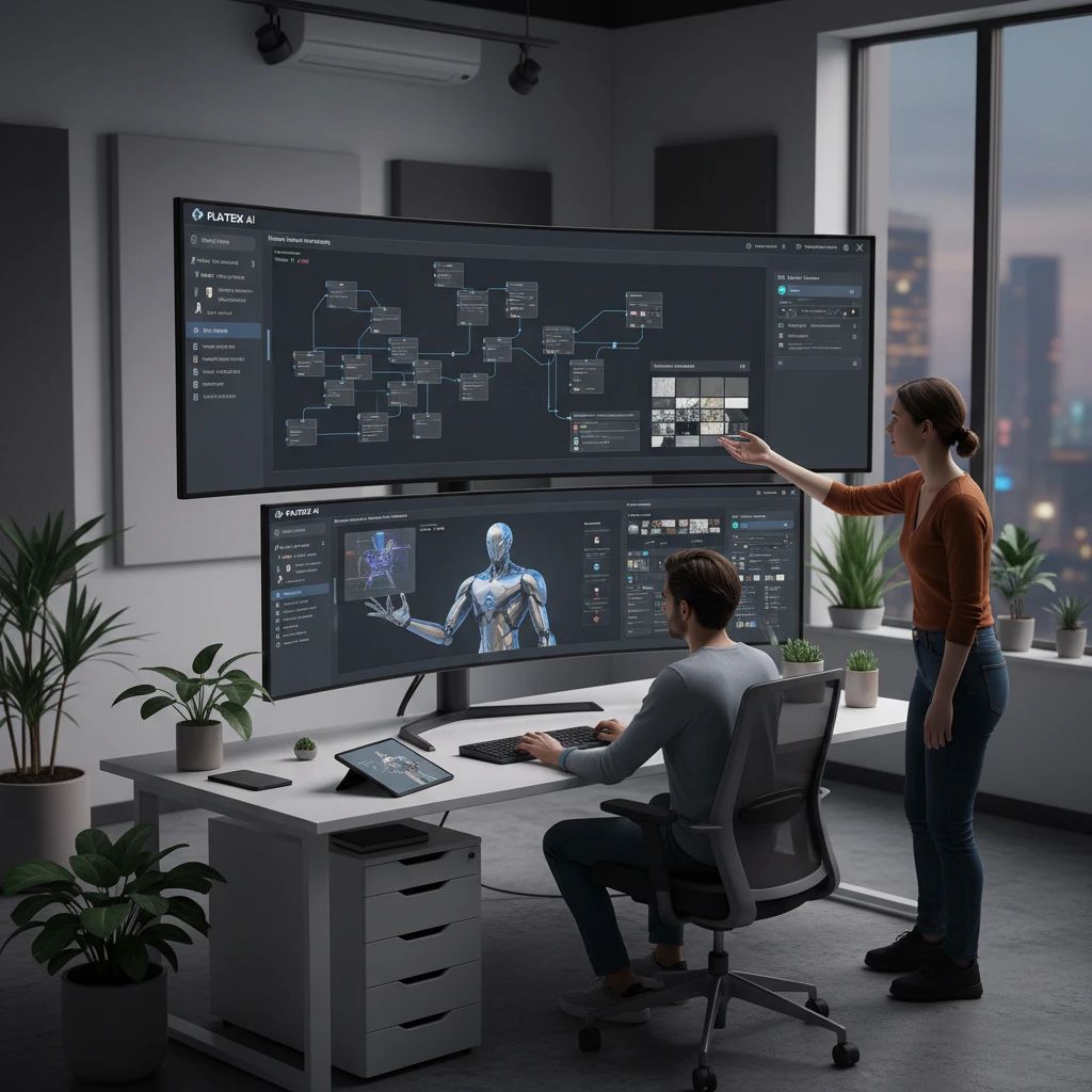 A team of game developers collaborating on a shared PBR material project within the PLAYTEX AI interface, showing asset management and version control.