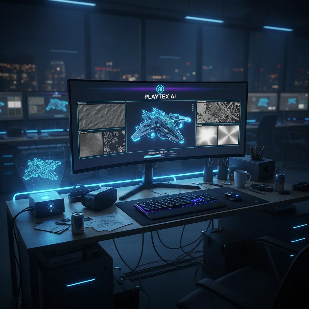 PLAYTEX AI interface generating PBR maps for a futuristic game asset on a glowing monitor in a dark game development studio.