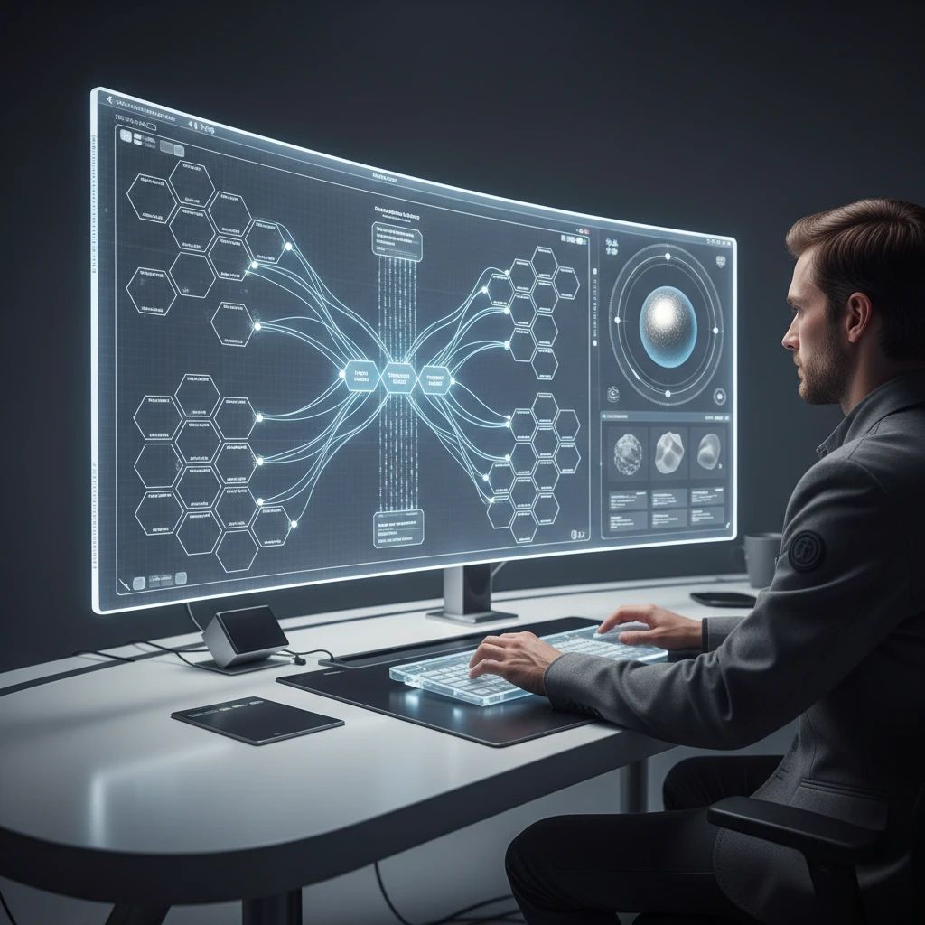 A game developer working in a clean, modern UI, with a complex PBR material graph visually representing a deterministic workflow, showing consistent outputs.