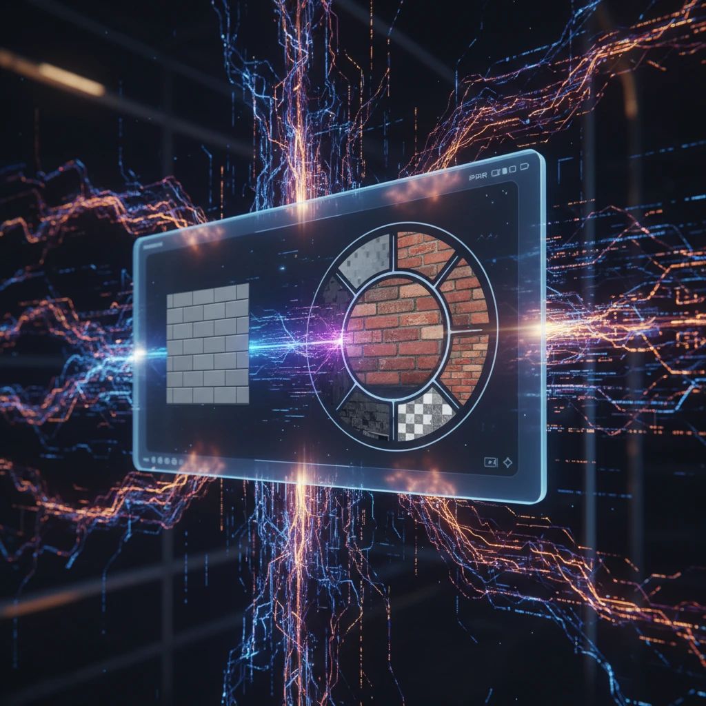 A stylized depiction of AI generating textures, with a simple 2D input image transforming into a complex PBR material set on a screen, surrounded by glowing data streams.
