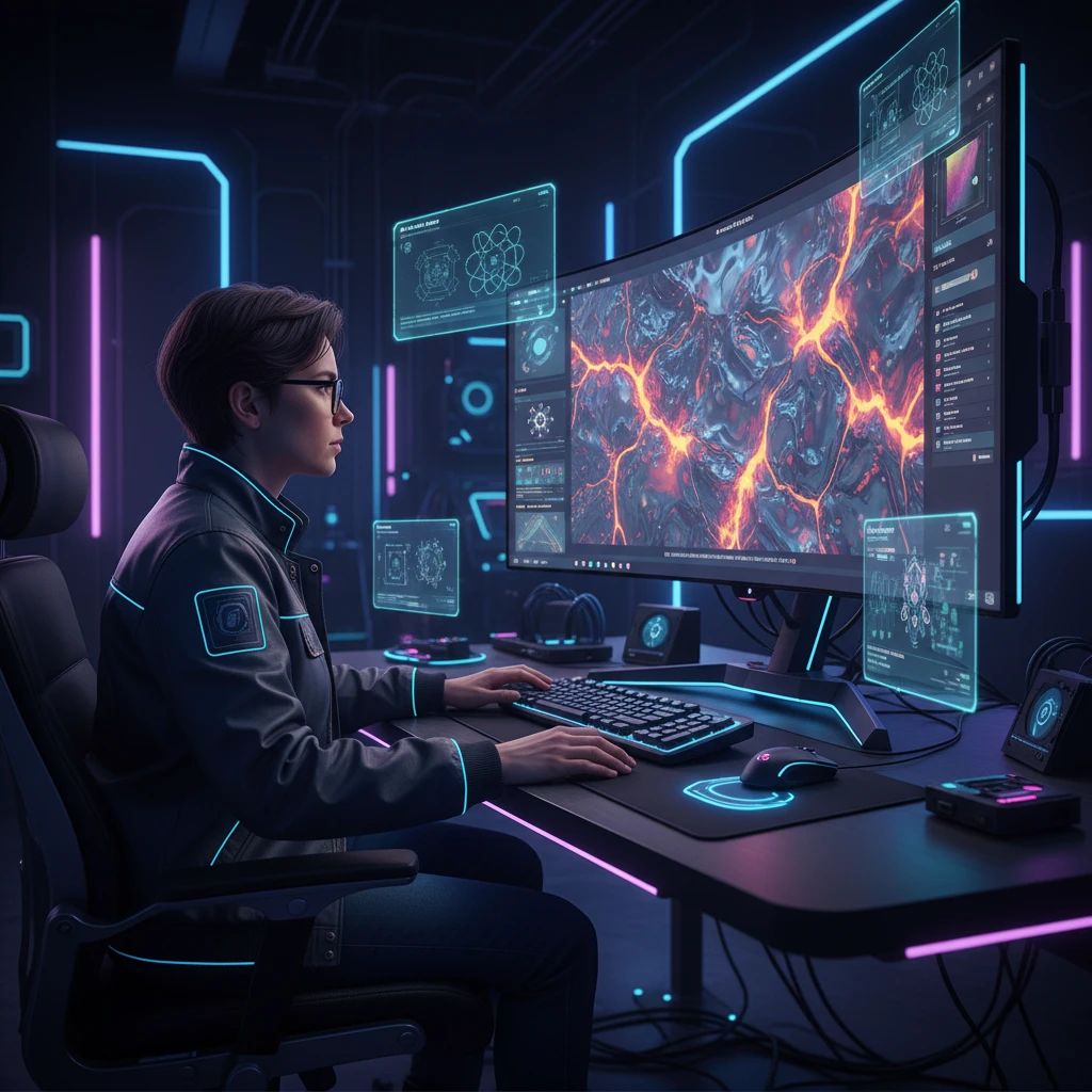 Game developer working on a high-tech workstation, viewing a PBR material being generated by PLAYTEX on a large screen.