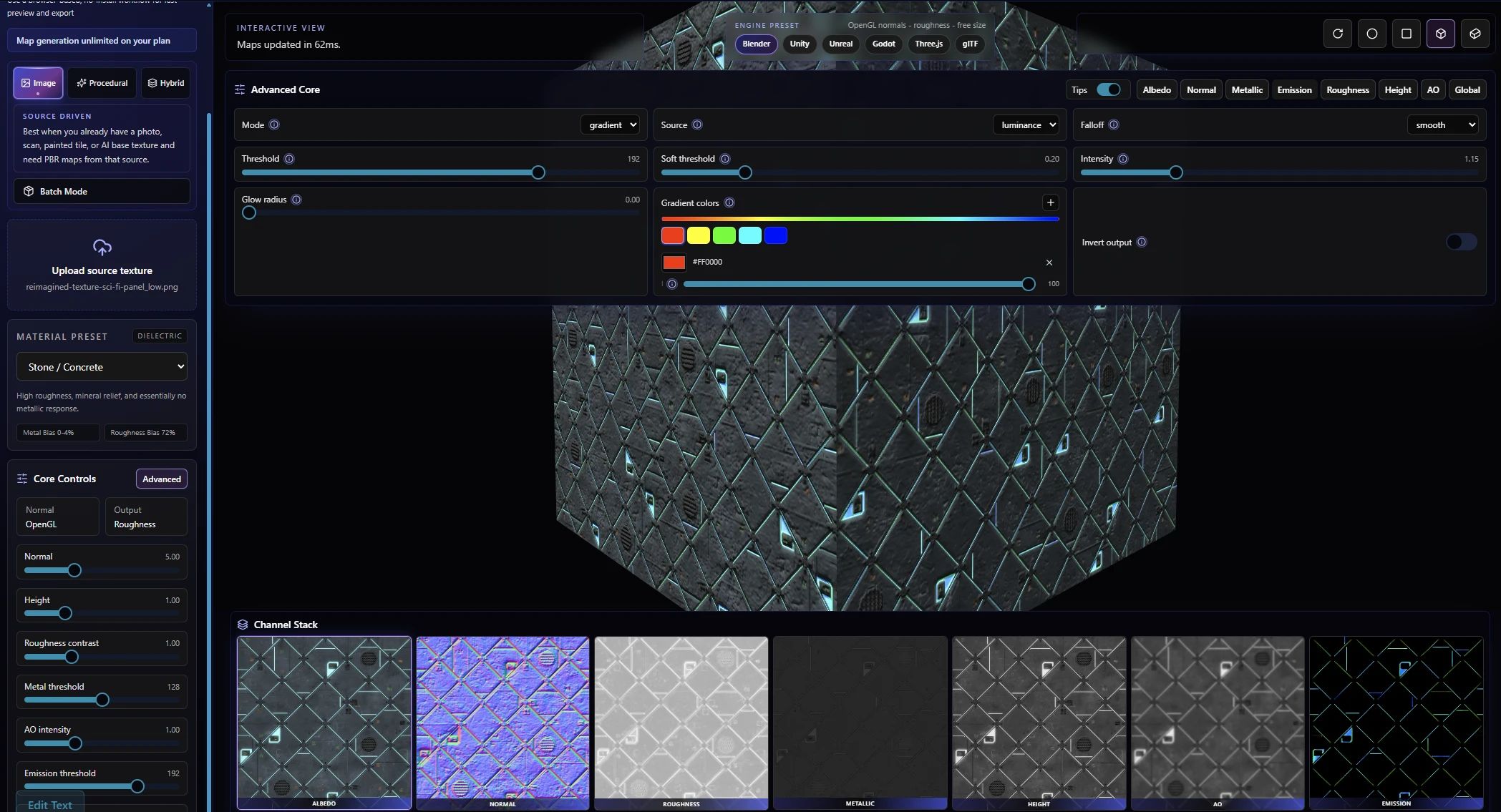 A user interface screenshot of PLAYTEX showing granular controls for emission map properties, including sliders for intensity, color, and falloff.