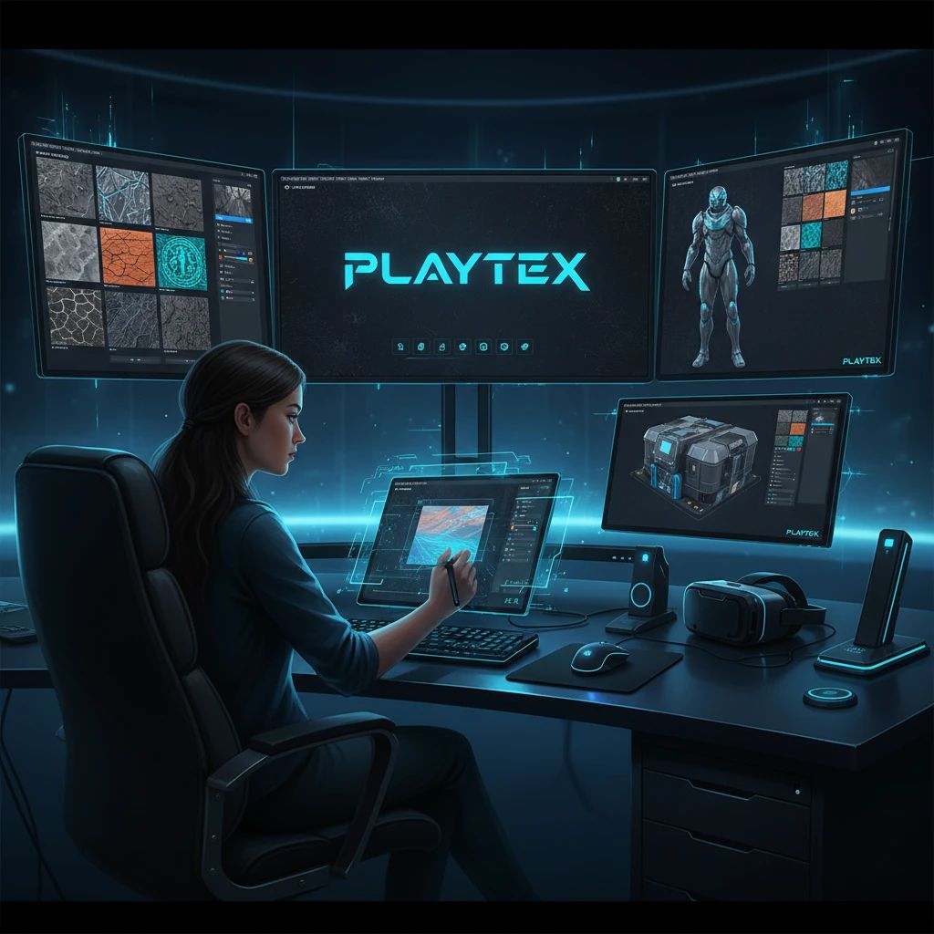 Game artist rapidly iterating on AI-generated textures on multiple screens, showcasing efficiency.