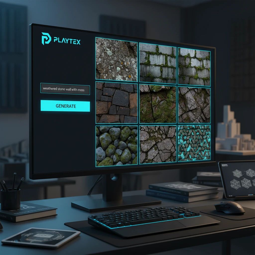 PLAYTEX AI Texture Generator interface showing a prompt and multiple seamless texture variations.