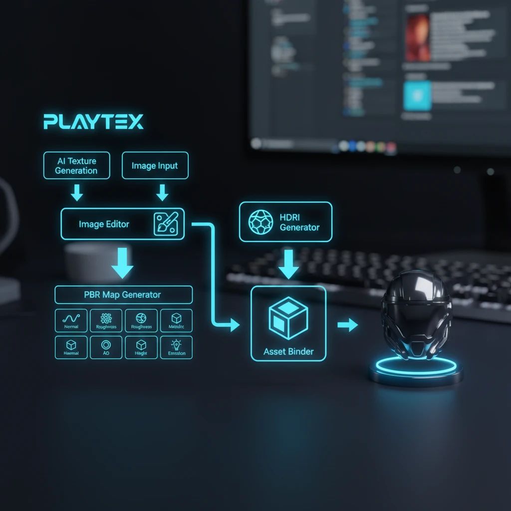 Infographic showing the complete PLAYTEX material workflow from AI texture generation to engine-ready assets.