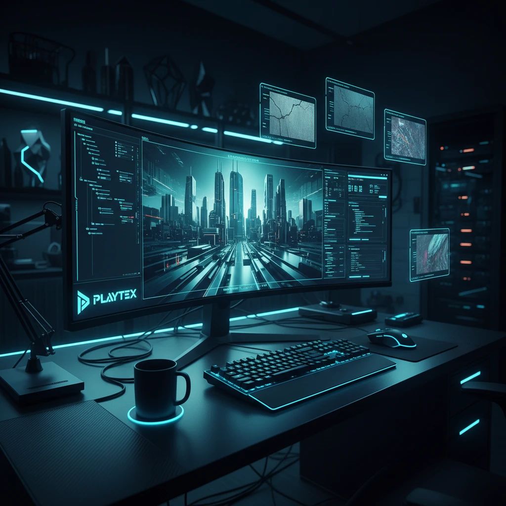 Game developer's desk showcasing a 3D scene with AI-generated PBR textures on a monitor, highlighting modern game development.