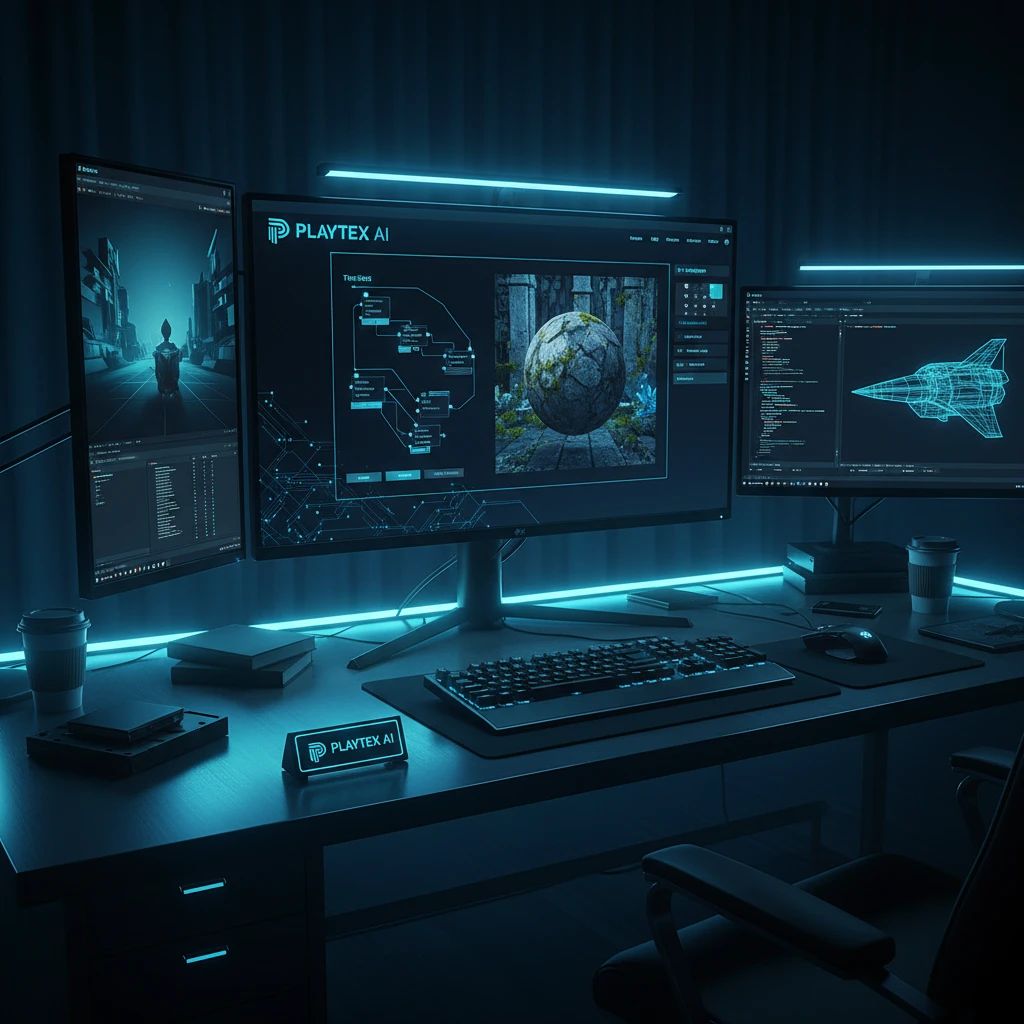 Game developer's desk with PLAYTEX AI texture generator on screen, creating PBR materials for a 3D game.