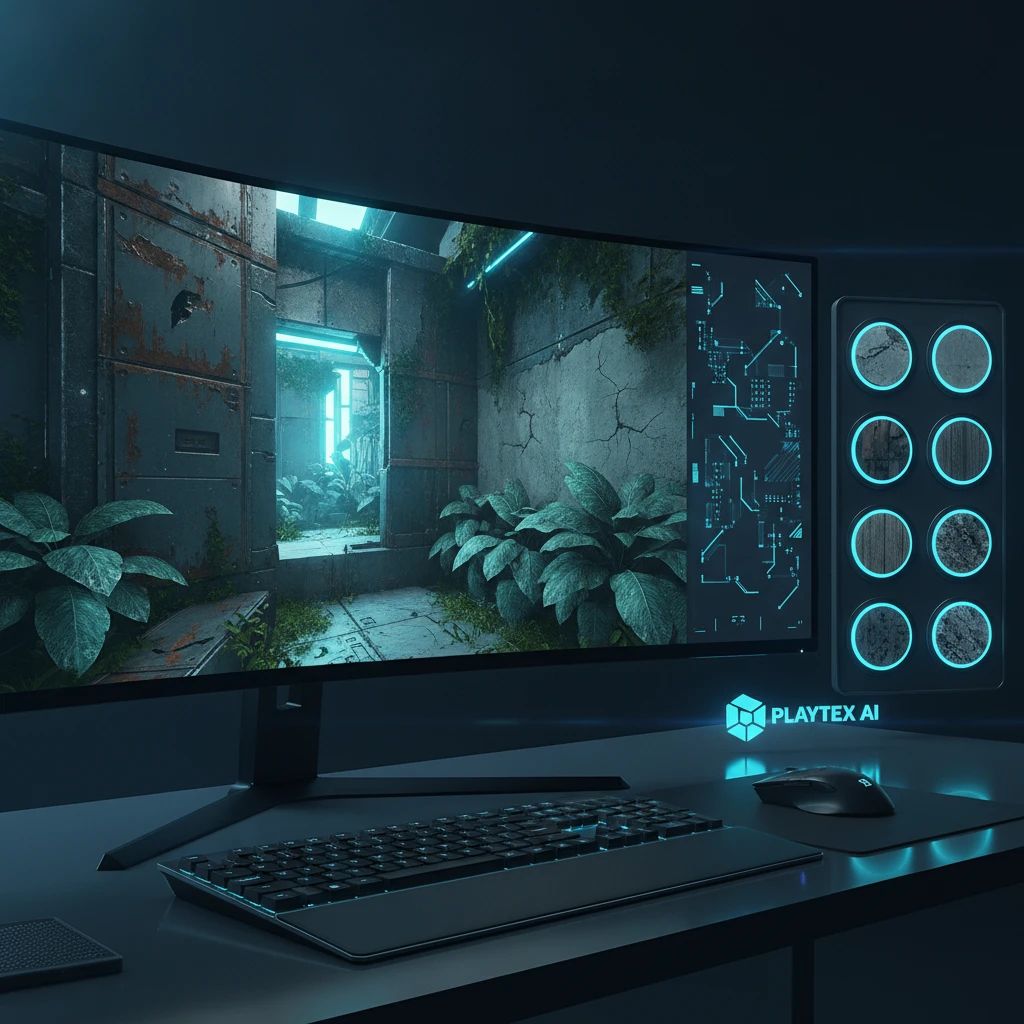 A detailed 3D game environment with realistic PBR textures on different surfaces, demonstrating high-quality image to texture generation.