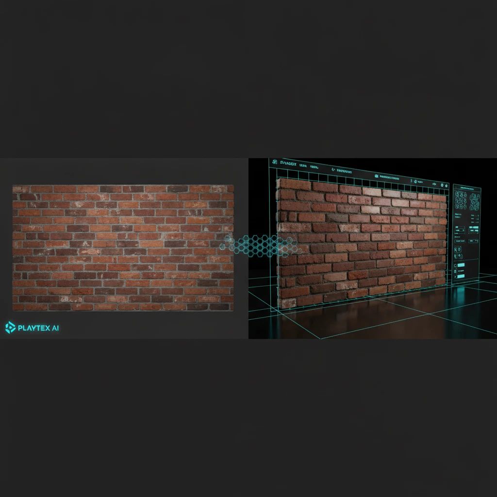Side-by-side comparison of a 2D brick photo and its corresponding 3D PBR material render, showing the detailed map generation.