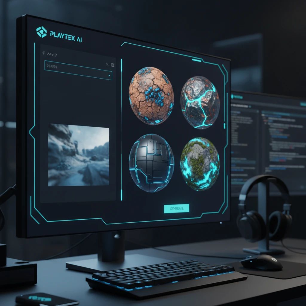 A user interface of an AI texture generator with text prompt, image input, and multiple PBR material outputs displayed on spheres.