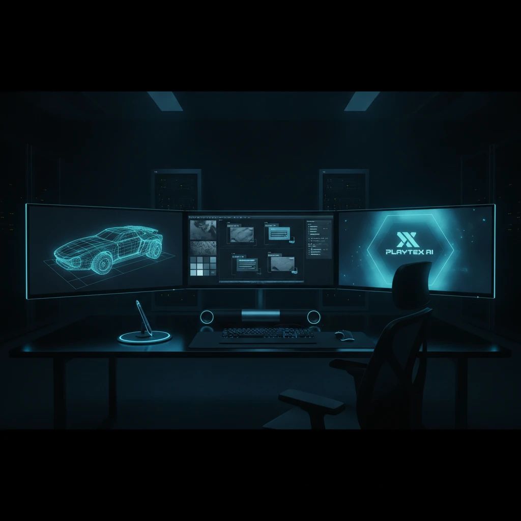 A game developer's workspace showcasing detailed 3D models and PBR texture maps on screens, with a subtle PLAYTEX AI logo, emphasizing creative workflow.