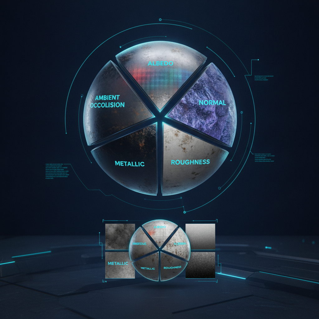 Diagram showing a 3D sphere with different PBR maps (Albedo, Normal, Roughness, Metallic, AO) applied as layers or alongside, demonstrating how they combine for realism.