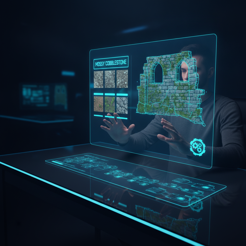 A stylized illustration of a game developer interacting with a glowing AI interface, where text prompts turn into diverse, high-quality PBR textures for a 3D model.