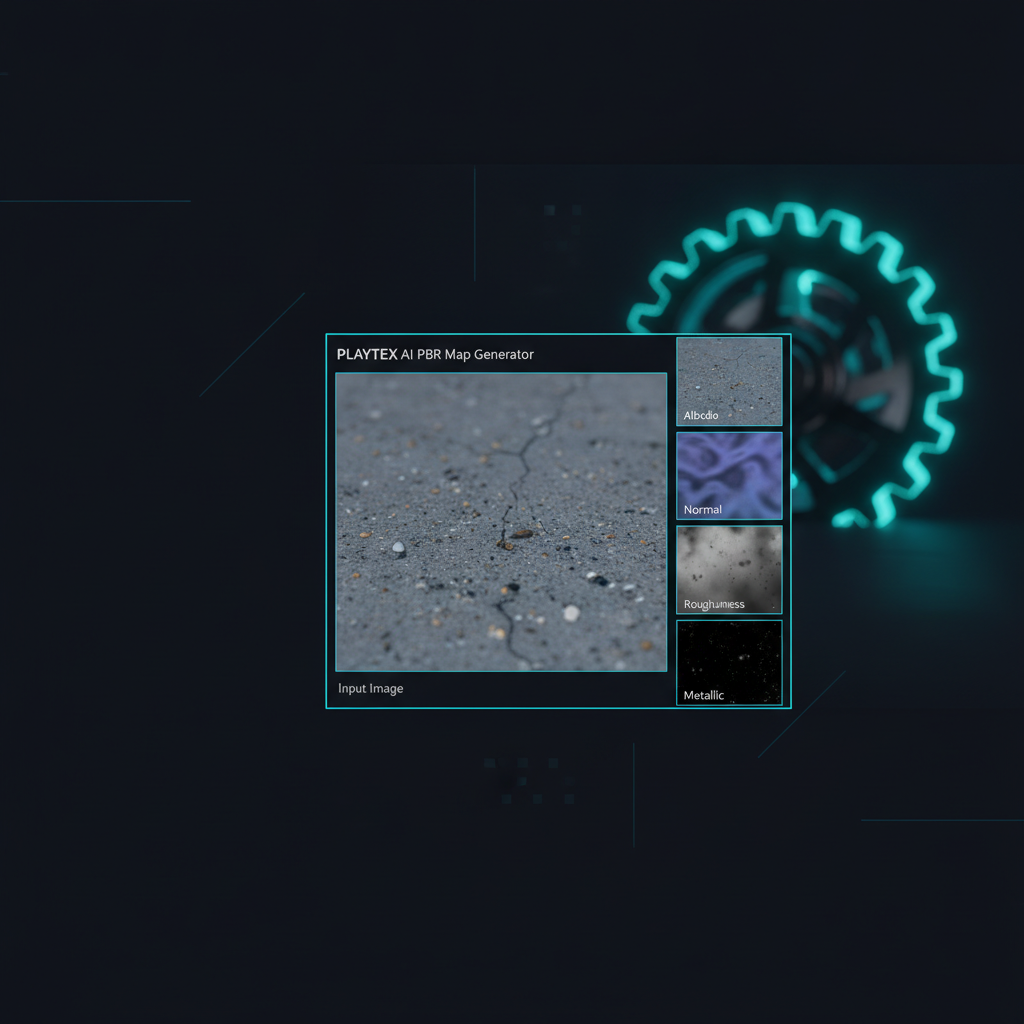 A clean, UI-focused shot of the PLAYTEX AI PBR Map Generator, showing various map outputs (albedo, normal, roughness, metallic) being generated from a single input image, with a Three.js scene in the background.